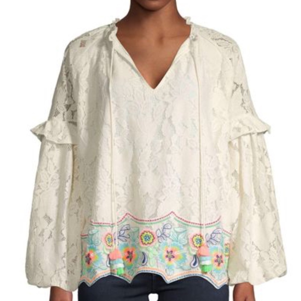 Anthropologie Hemant & Nandita Lace Embroidered Balloon Sleeve Top